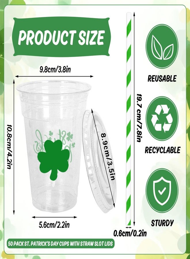 JarThenaAMCS أكواب بلاستيكية للاستخدام مرة واحدة من JarThenaAMCS، 50 قطعة، مع أغطية وماصات، سعة 12 أونصة، بتصميم زهرة البرسيم المحظوظة، أكواب مشروبات خضراء بنقشة نبات النفل، مثالية للاحتفالات الأيرلندية وحفلات الزفاف وأعياد الميلاد. - Image 2